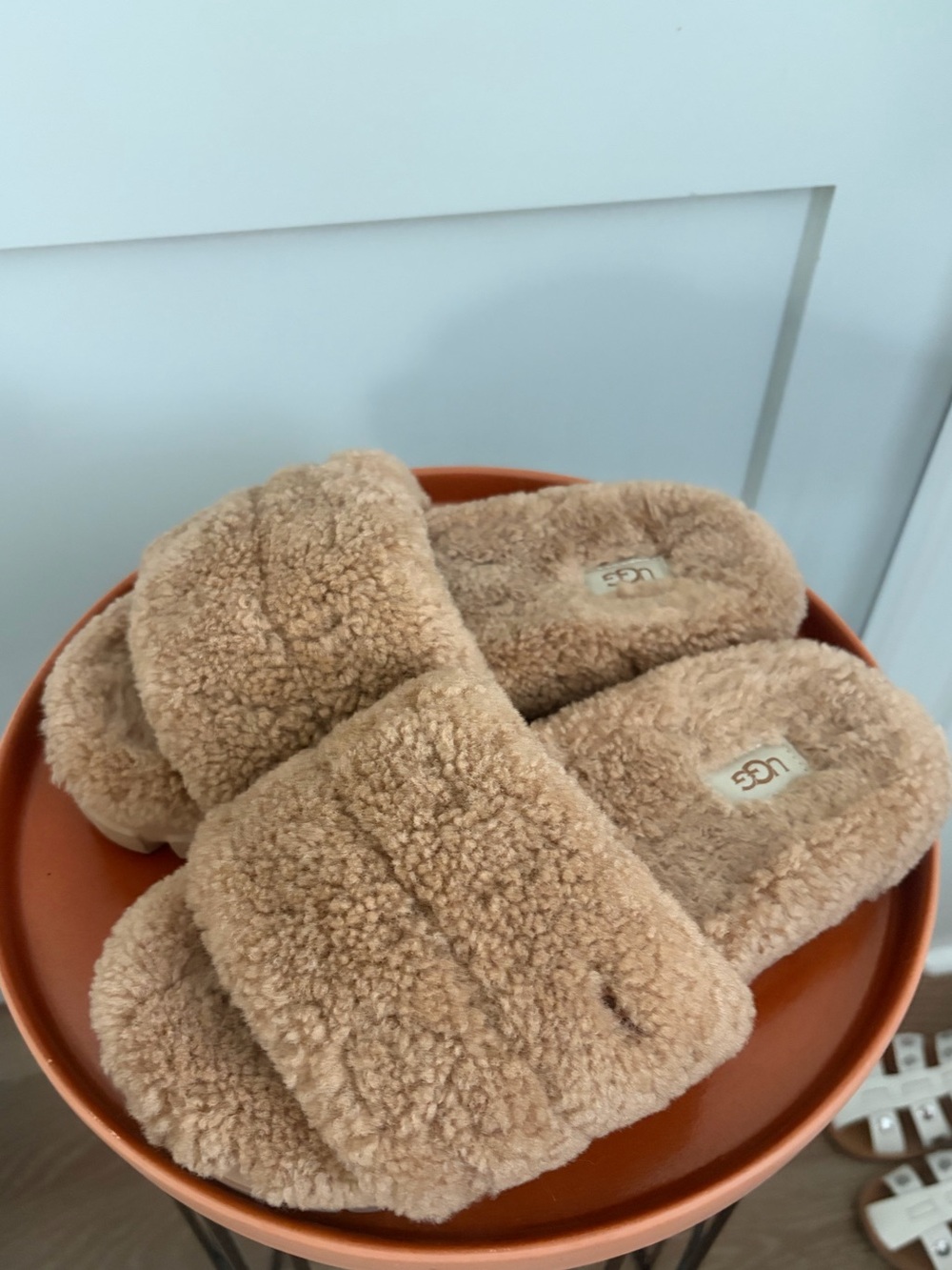 UGG Plush Shearling Slide Slippers - Tan